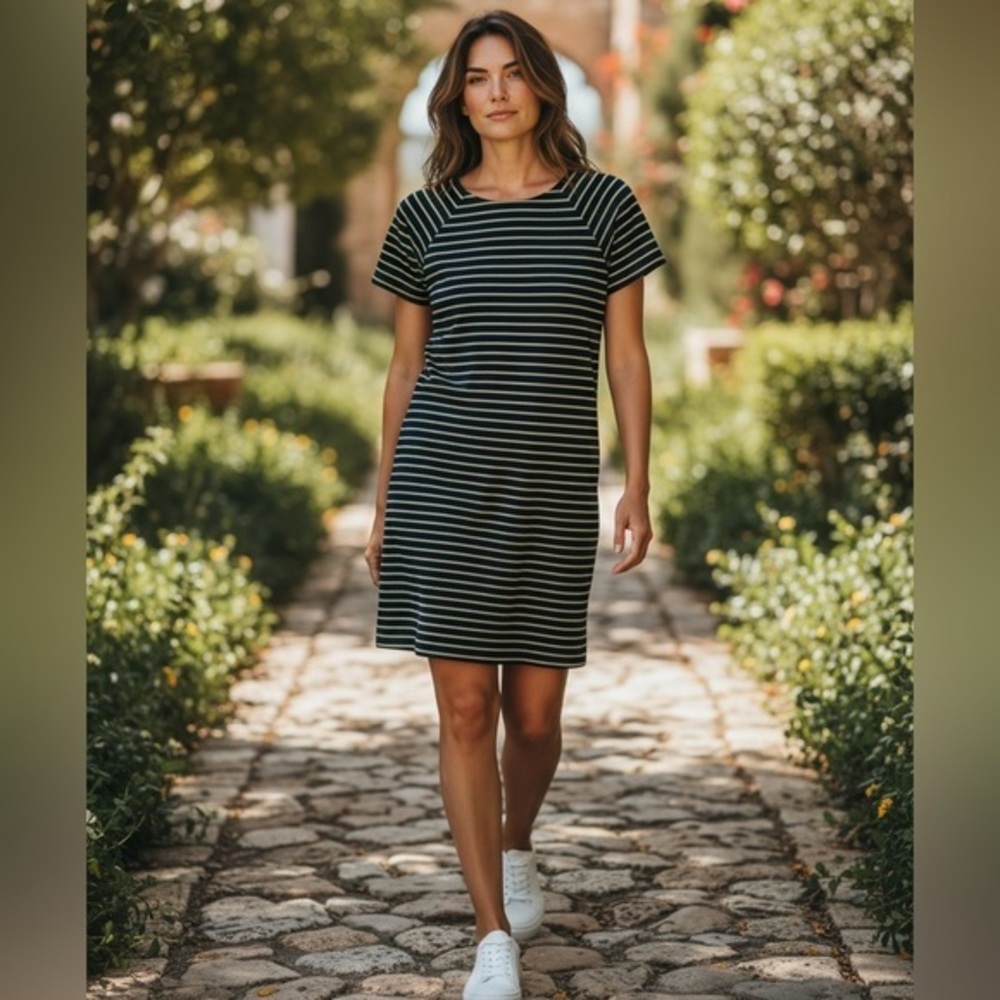 Sail to Sable Navy & Yellow-Green Striped T-Shirt Dress, Easy Chic, Size M - Picture 1 of 4